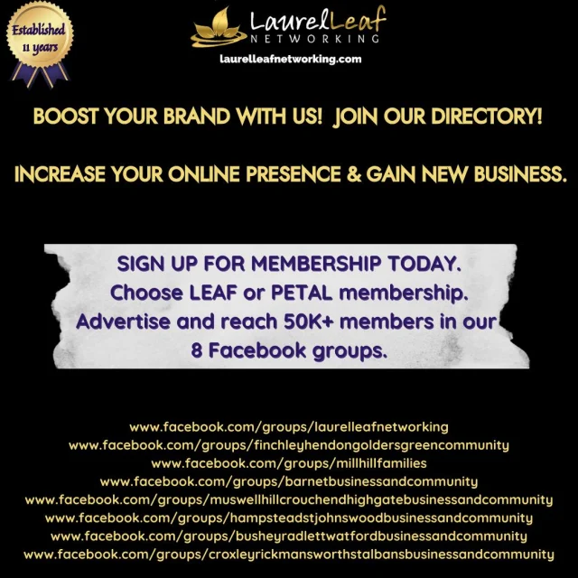 🍃👑 LAUREL LEAF NETWORKING — GROW YOUR BUSINESS WITH US
Looking for affordable, effective advertising that truly supports small, medium and growing businesses?
Join the Laurel Leaf Networking Directory — a powerful platform offering flexible monthly or annual payment options designed with your budget in mind.
As a member, you'll enjoy:
⭐ Unlimited advertising across our 8 active Facebook groups
⭐ A searchable directory listing to boost your SEO and online presence
⭐ Discounted access to our popular quarterly networking events
⭐ Visibility to an engaged community of over 50,000+ members

Whether you're building your brand or expanding your reach, Laurel Leaf Networking helps you connect, promote, and thrive.

💜 Explore our two membership options here:
🔗 https://laurelleafnetworking.com/join/#join
#BusinessGrowth #BusinessDevelopment #BusinessStrategy #Networking #OnlineNetworking #BusinessNetworking #BusinessDirectory #LaurelLeafNetworking #Entrepreneurs #LondonNetworkingEvents #SMEs #SMBs #B2B #B2C